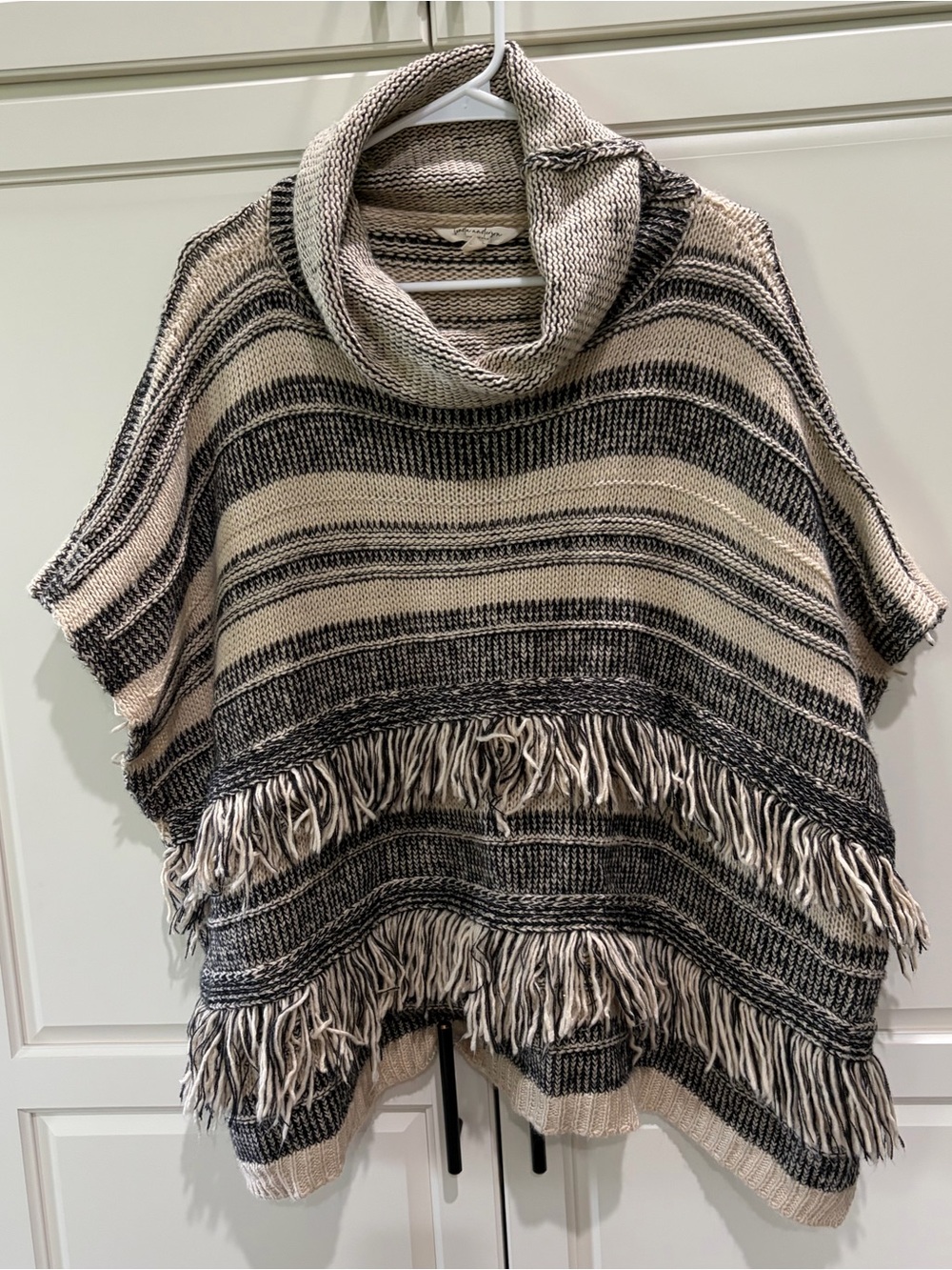 Linda Anderson Cozy Striped Mid-Weight Fringe Poncho Sweater- Black & Cream